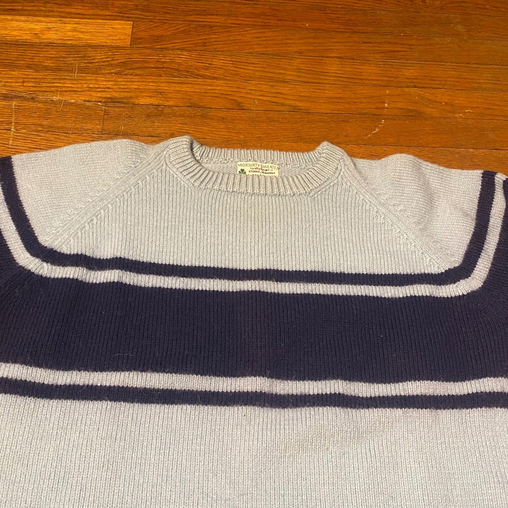 Moriarty Sweater Stowe Vermont Vintage Wool Striped Knit Pullover Blue Mens S - Picture 2 of 6